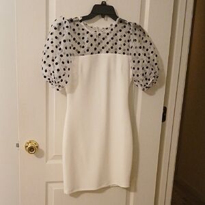 B Darlin White Dress with Black Polka Dot Sleeves